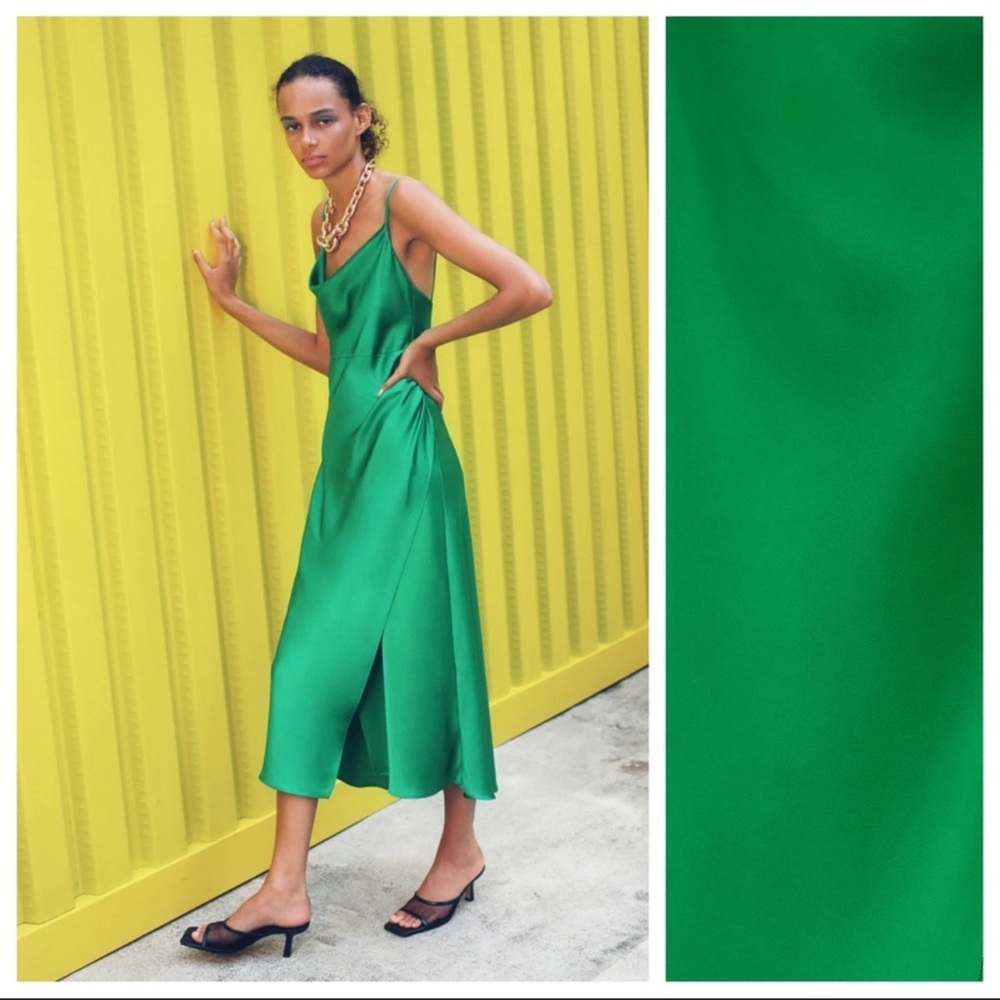 Zara Green Satin Midi Slip Dress